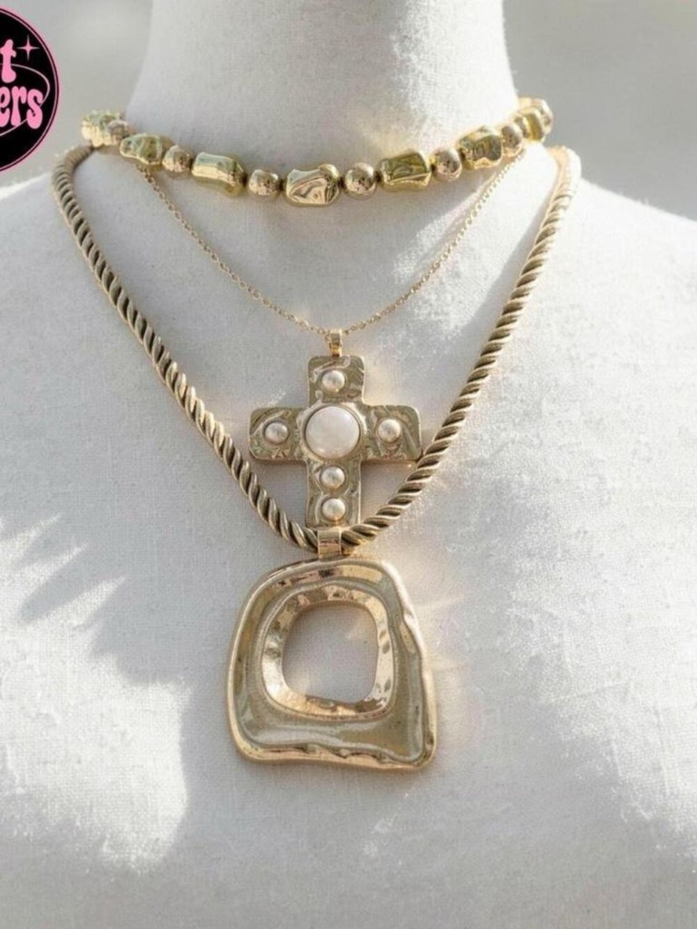 3 pcs set Gold tone cross pendant necklace with pearl accents